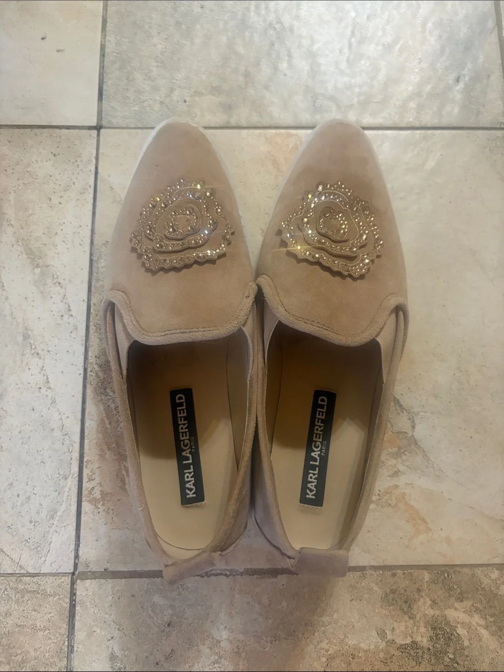 Karl Lagerfeld Taupe Slip-On Suede Loafers with Embellished Medallion